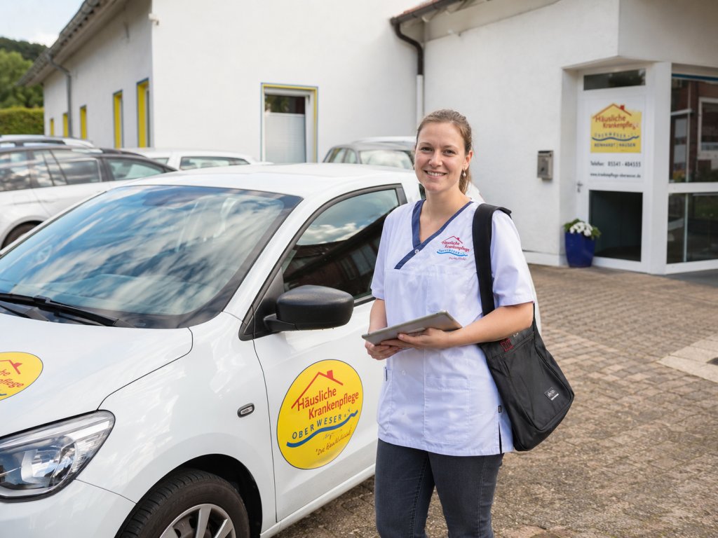Pflegekraft der Häuslichen Krankenpflege Oberweser am Dienstwagen in Wesertal