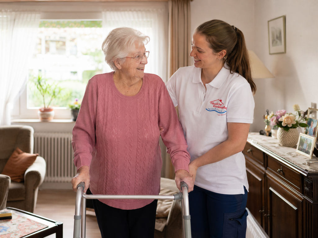 Pflegekraft begleitet Seniorin mit Rollator
